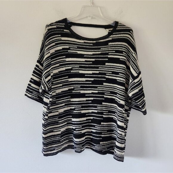 EILEEN FISHER | Organic Linen Cotton Striped Pullover Sweater Black White Sz L - Picture 3 of 5